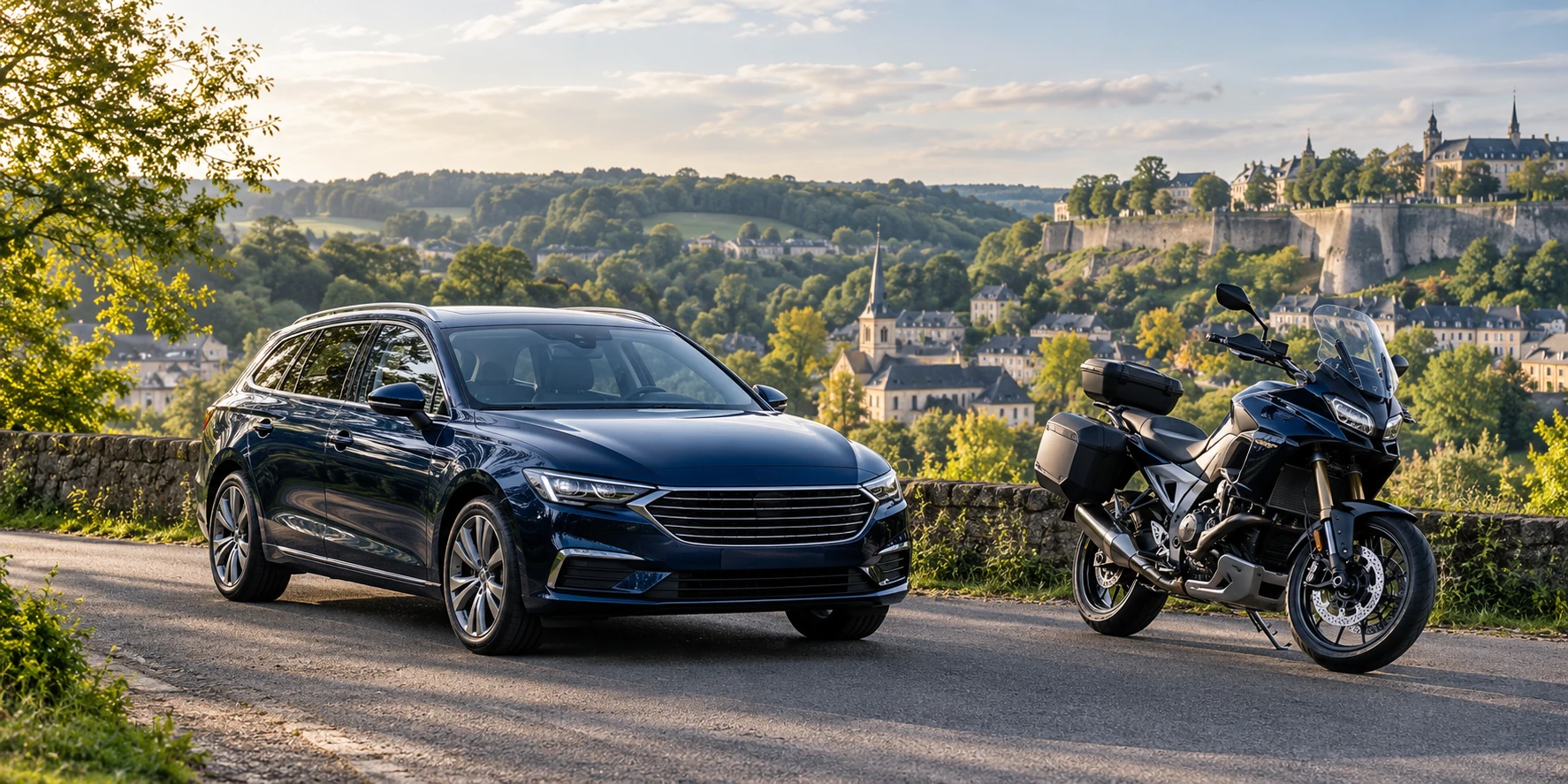 Voiture et moto sur une route luxembourgeoise