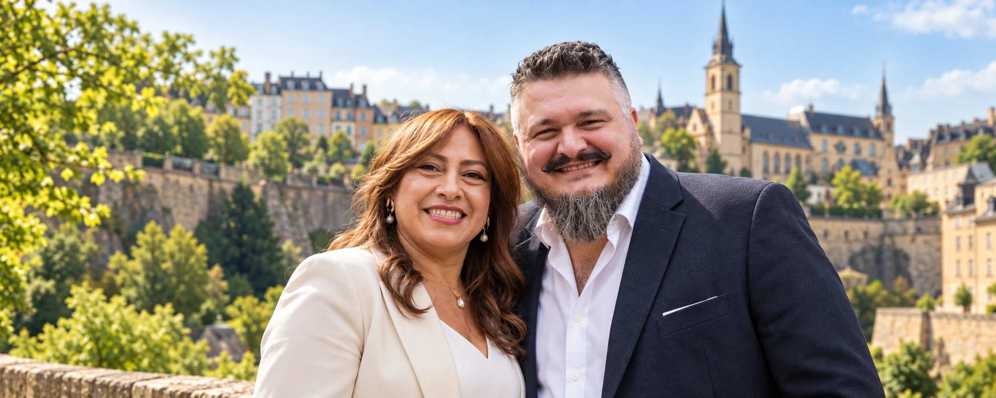 Steve et Sandra devant un décor de ville luxembourgeoise